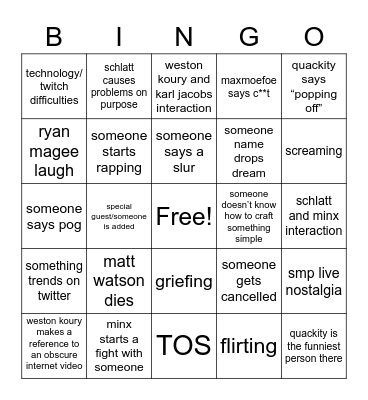 Epic SMP Bingo Card