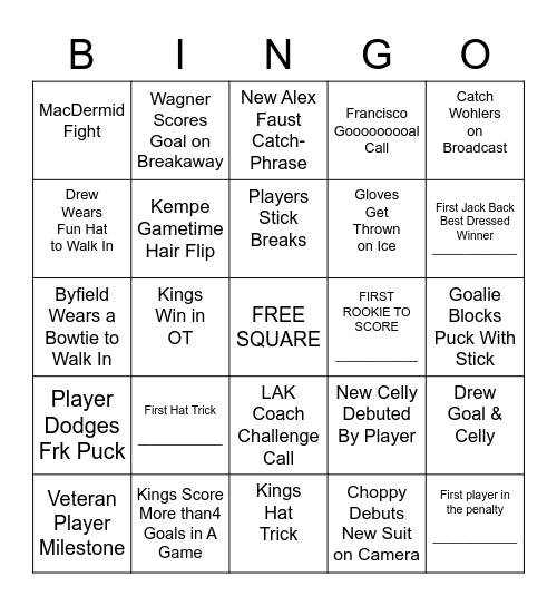 LA KINGS 2021 Season BINGO Card