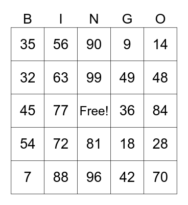 Multiplication Bingo Card