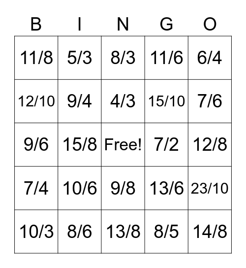 Improper fraction and mixed number Bingo Card