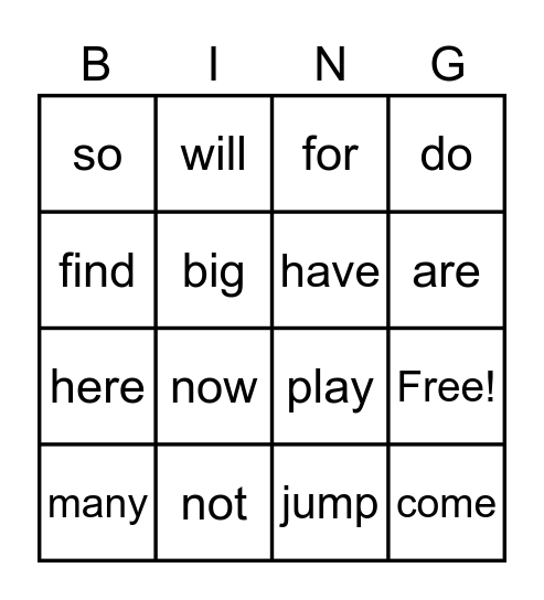 Sight Word Bingo Card