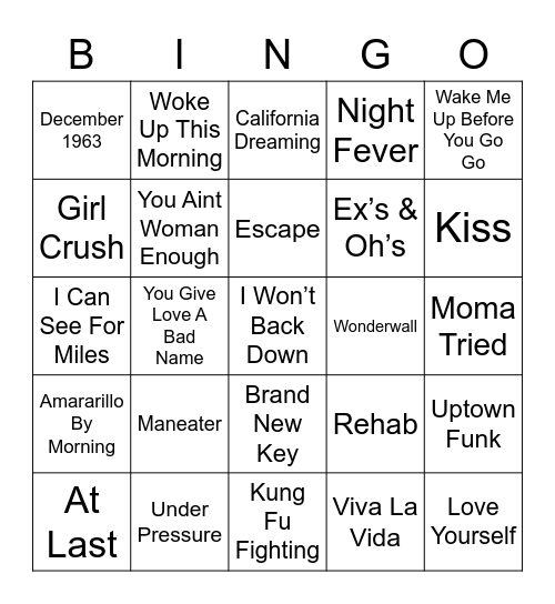 Music Bingo 6 Bingo Card