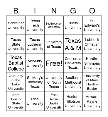 Texas Colleges & Universities Bingo Card