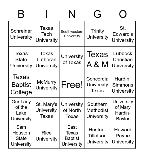 Texas Colleges & Universities Bingo Card