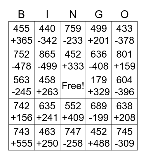 3 Digit Addition & Subtraction Bingo Card