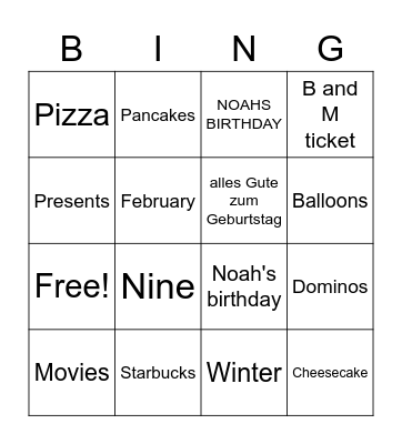 Noahs Birthday Bingo!!! Bingo Card