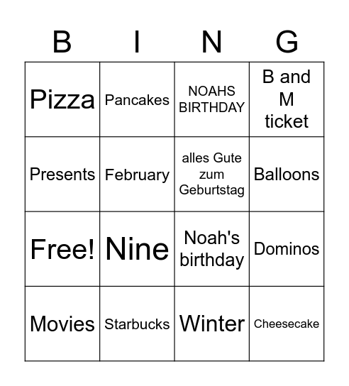 Noahs Birthday Bingo!!! Bingo Card