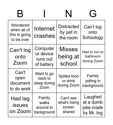 Remote Learning Bingo Card