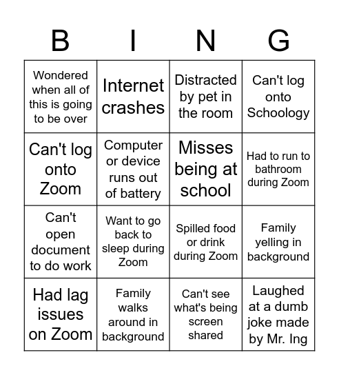 Remote Learning Bingo Card