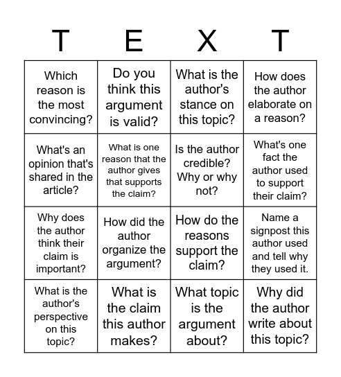 Argument Board Bingo Card