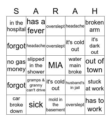 Dipshit Excuses Bingo Card