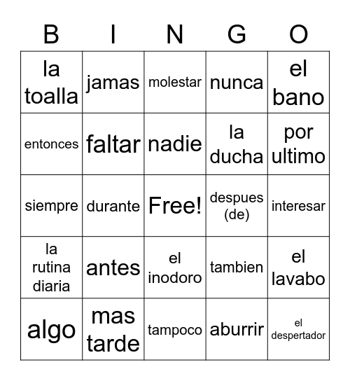 Vocabulario Bingo Card