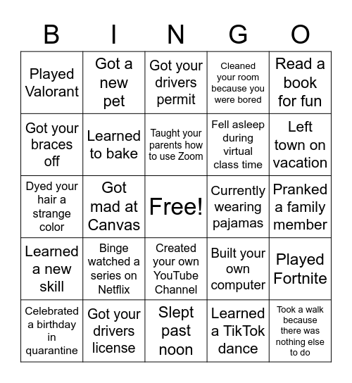 YMSL QUARANTINE BINGO Card