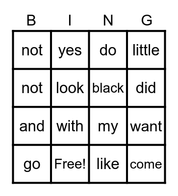 Sight Words Bingo Card