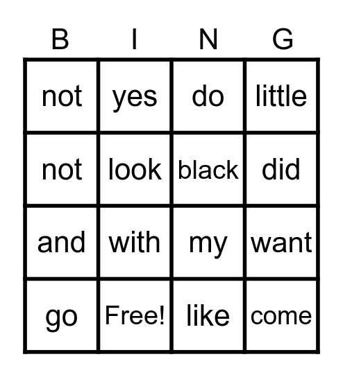 Sight Words Bingo Card