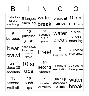 Fitness Bingo Card