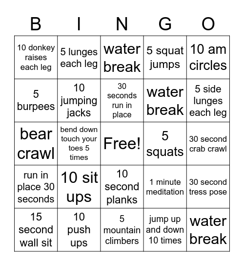 Fitness Bingo Card