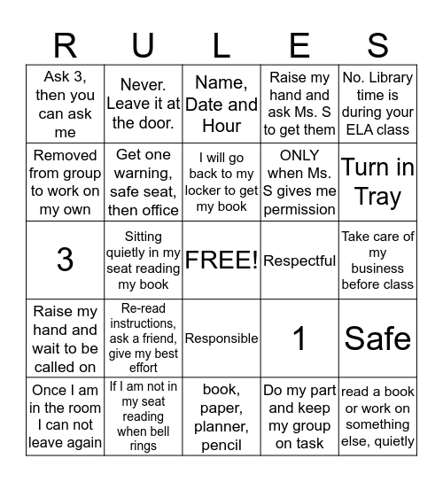 Classroom Rules, Expectations, & Procedures  Bingo Card