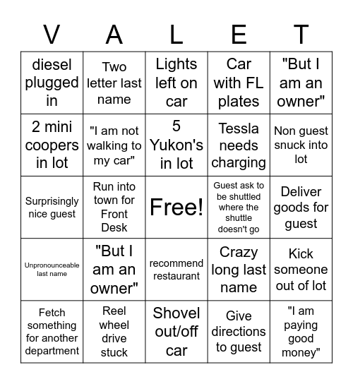 Valet Bingo Card