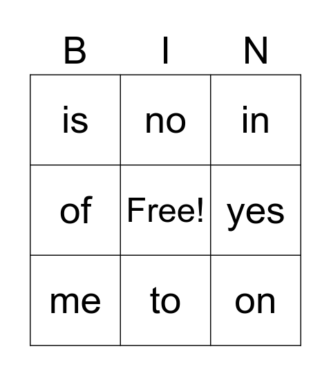 Sight Words Bingo Card