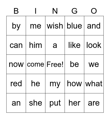 Sight Words Bingo Card