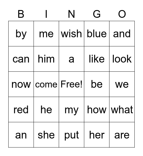 Sight Words Bingo Card