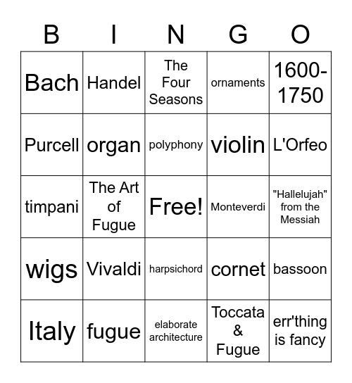 Baroque Bingo Card