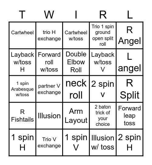 Baton Twirling Bingo (5 times in a row) Bingo Card