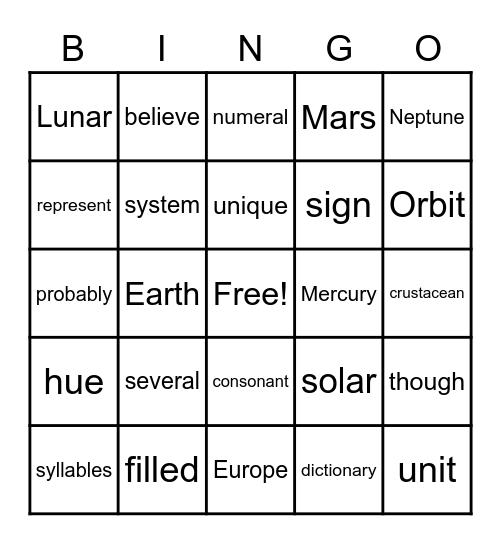 Planets in Our solar System Bingo Card