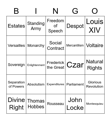 Absolutism/Enlightenment Bingo Card