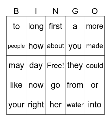Fry Word List Bingo Card