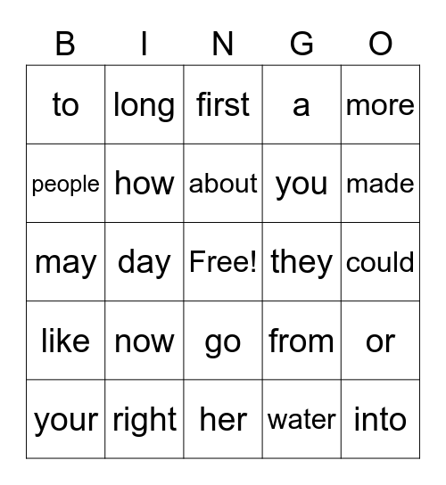 Fry Word List Bingo Card