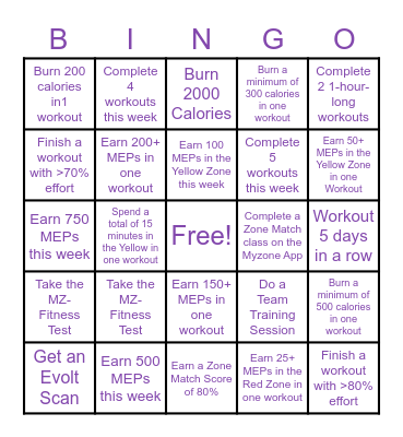 January Myzone Challenge Bingo Card