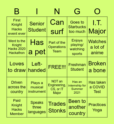 Knight Hacks Spring 2021 Kickoff!! (Remember to note NAMES!!) Bingo Card