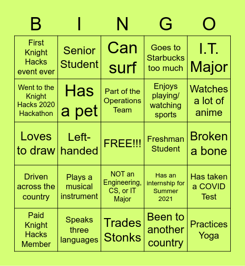 Knight Hacks Spring 2021 Kickoff!! (Remember to note NAMES!!) Bingo Card