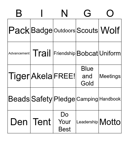 Cub Scout Bingo Card