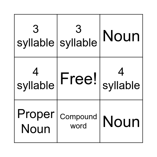 Parts of Speech Bingo Card