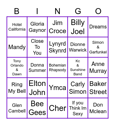 1970's Musical Bingo Card