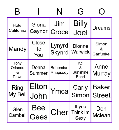 1970's Musical Bingo Card