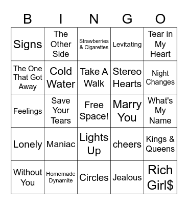 Pop Favourites Music Bingo Card