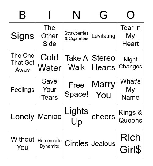 Pop Favourites Music Bingo Card