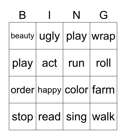 Base word Bingo Card