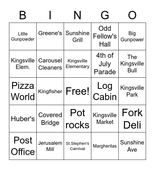 1-Kingsville 1 Bingo Card