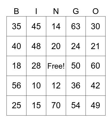 Multiplication Facts Bingo Card