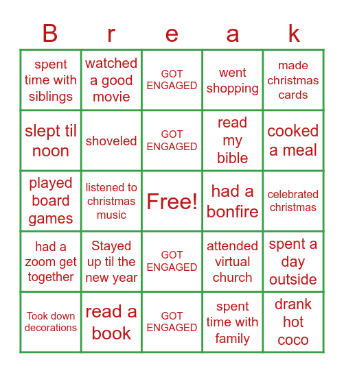 Winter Break Bingo Card