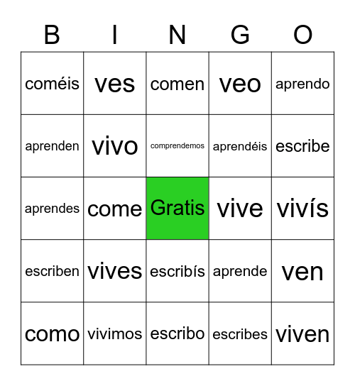 Present tense of -er and -ir verbs Bingo Card
