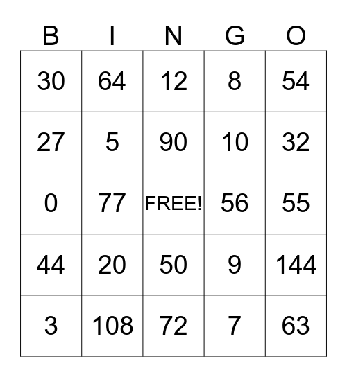 Multiplication and Division Bingo Card