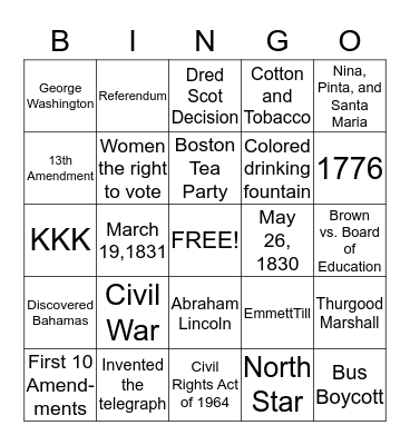 U.S.  History Bingo Card