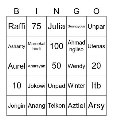 Jongin Bingo Card