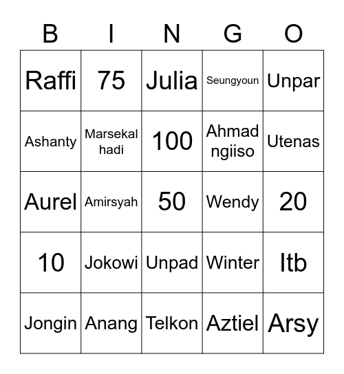 Jongin Bingo Card
